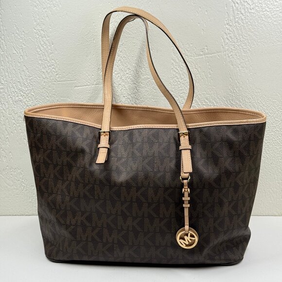 Michael Kors Jet Set Travel Tote Large Monogram Coated Canvas Beige Trim - Picture 1 of 15